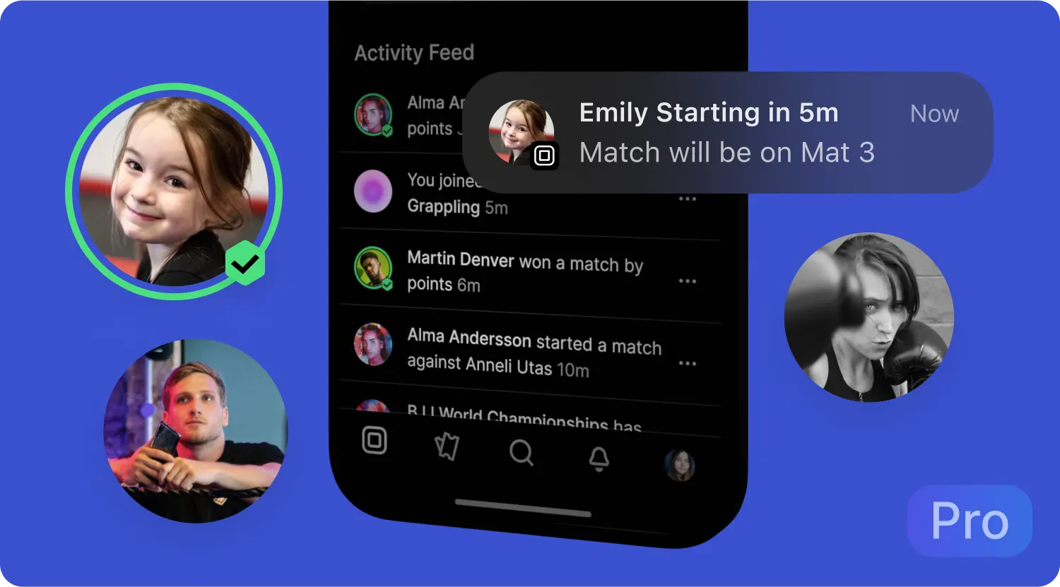 Activity feed showing that Emily is starting on mat 3 in five minutes