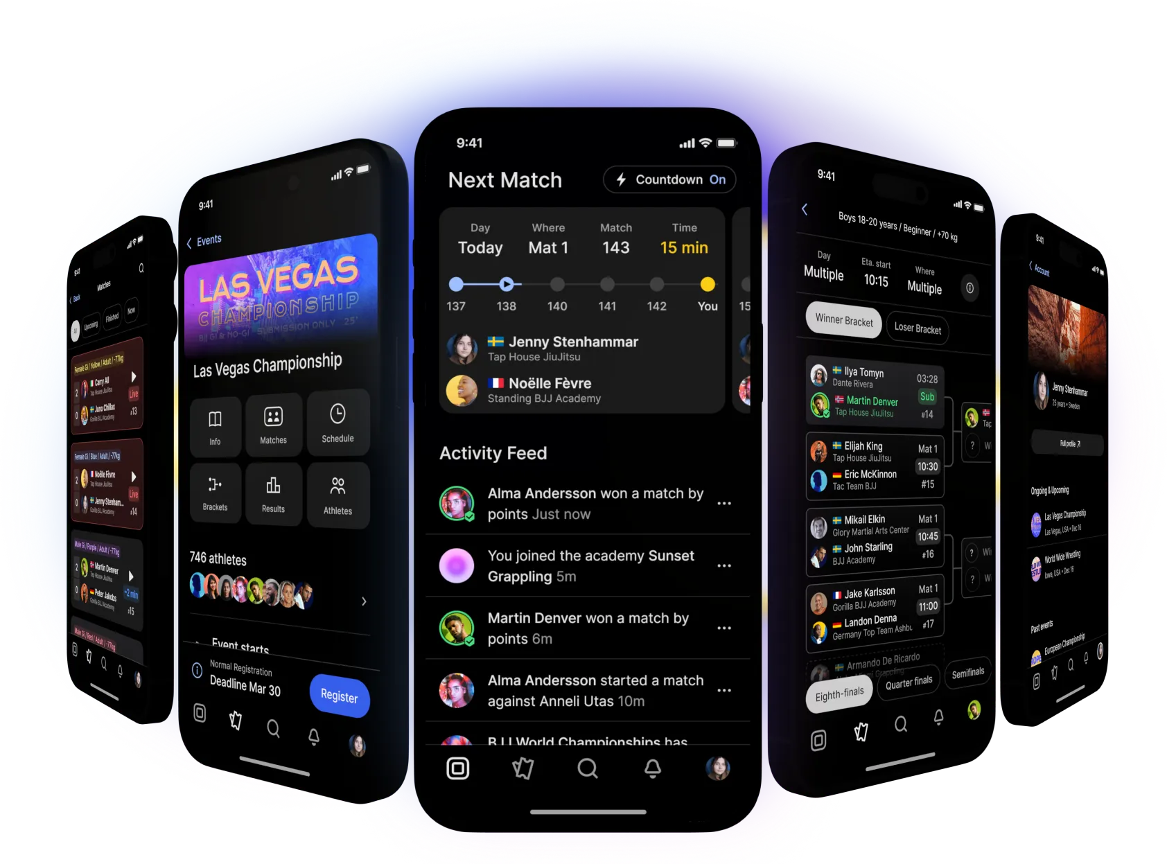 Five iPhone screens of the Smoothcomp app: event page, next match timeline and activity feed