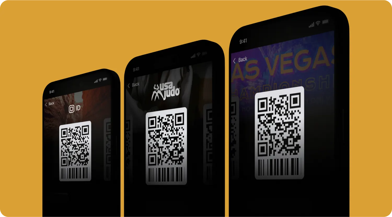 Three phones showing QR tickets and barcodes