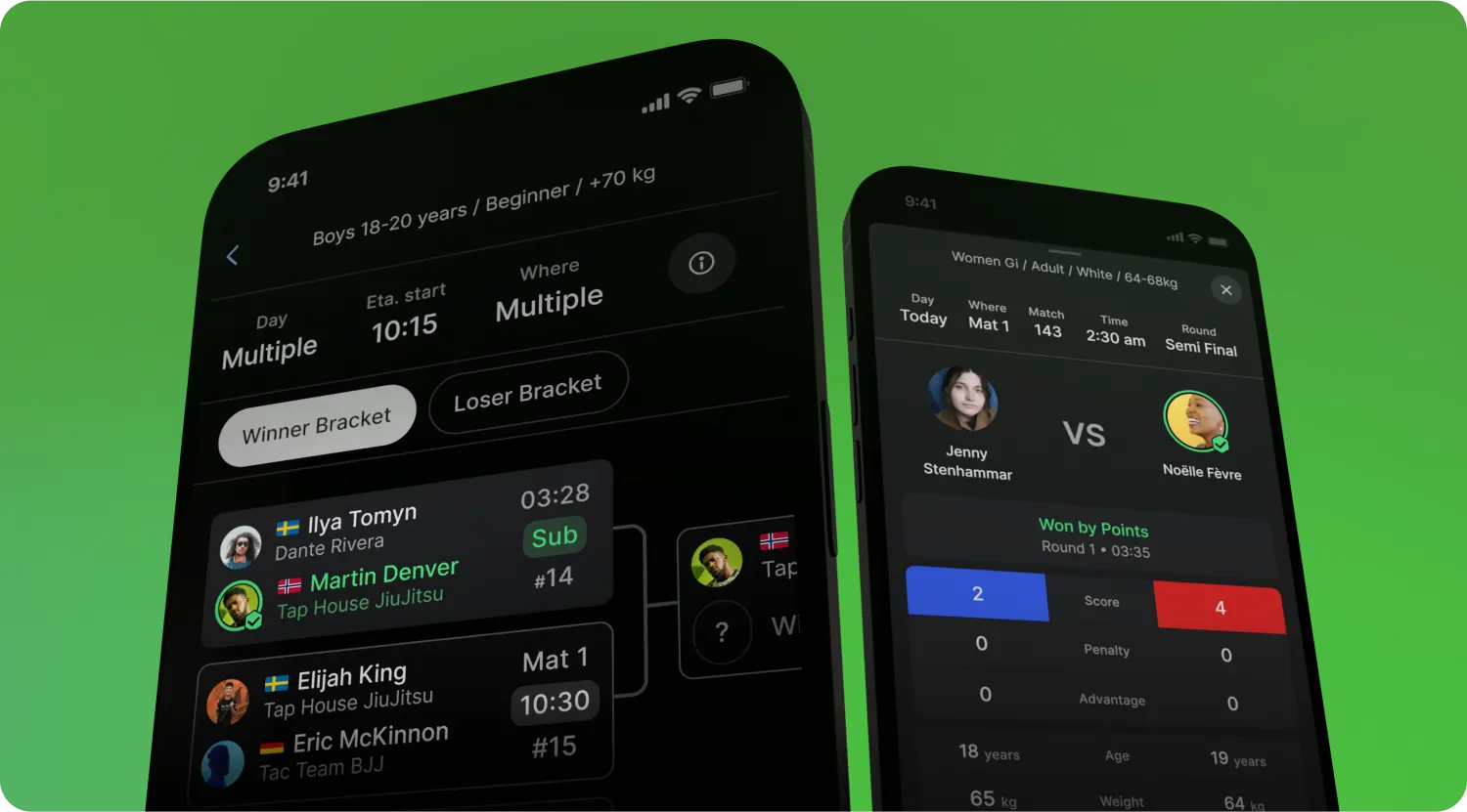 Winner and loser brackets for a division, with a live match score