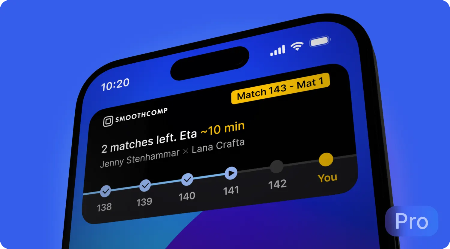 Lock screen widget counting down to match 143 on mat 1, two matches left