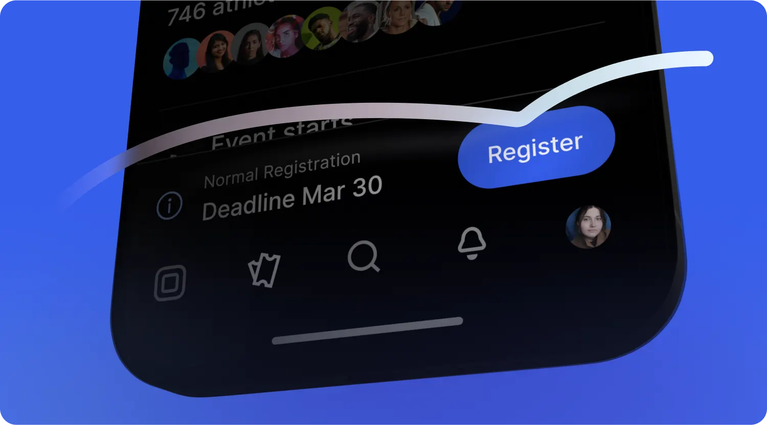 Event screen with 746 athletes and a Register button