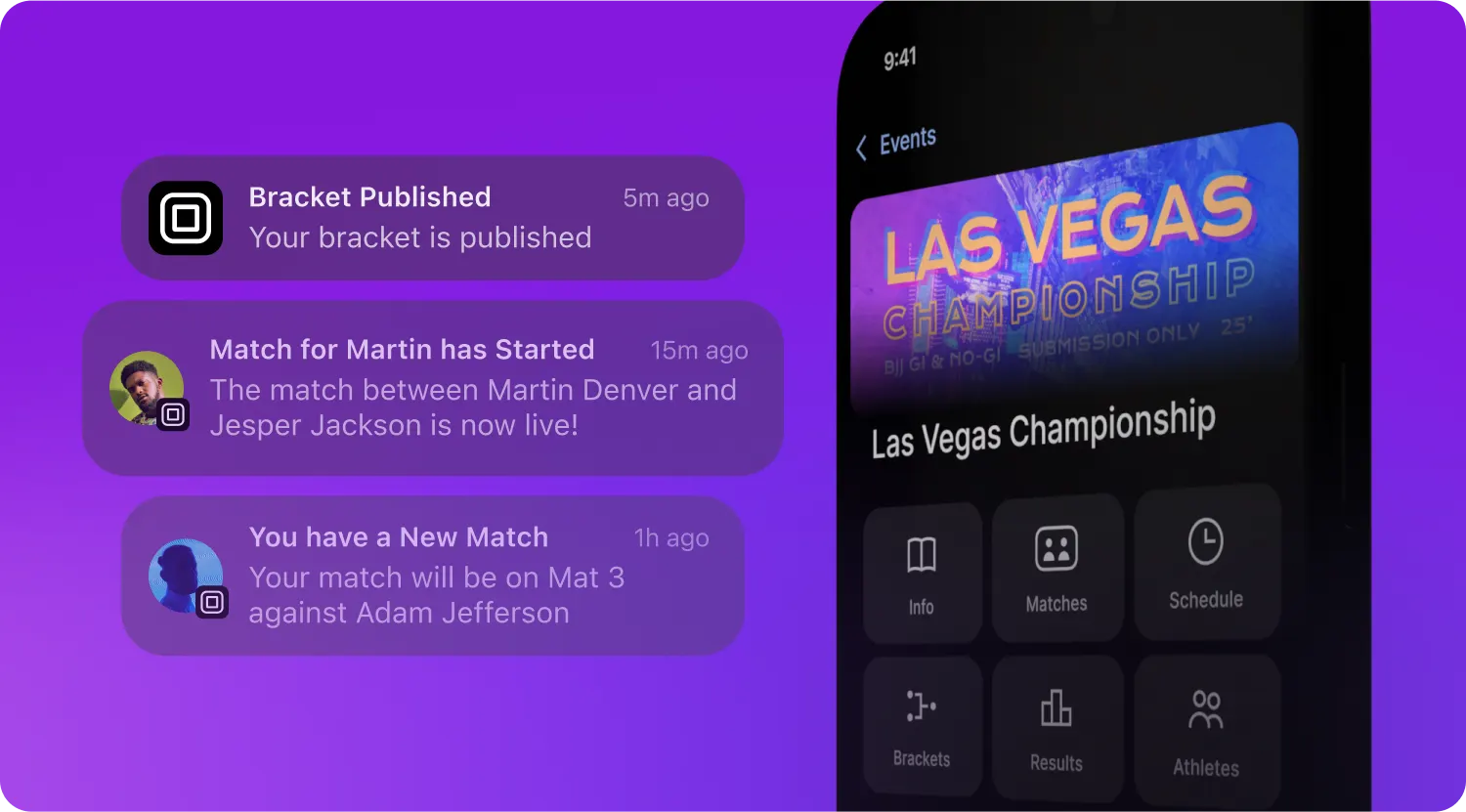 Notifications for a published bracket, a started match and a new match on mat 3