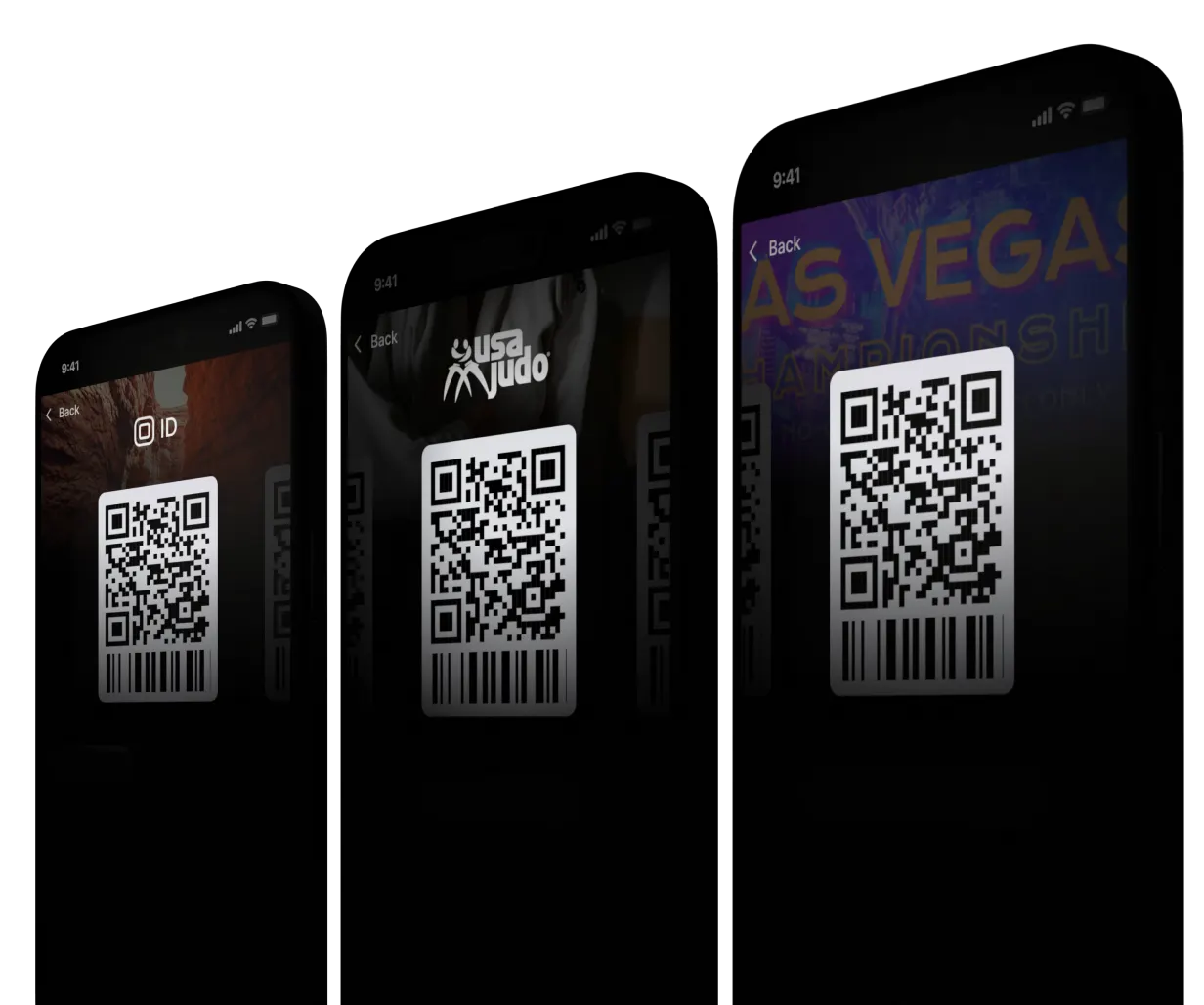 Three phones showing Smoothcomp check-in QR tickets