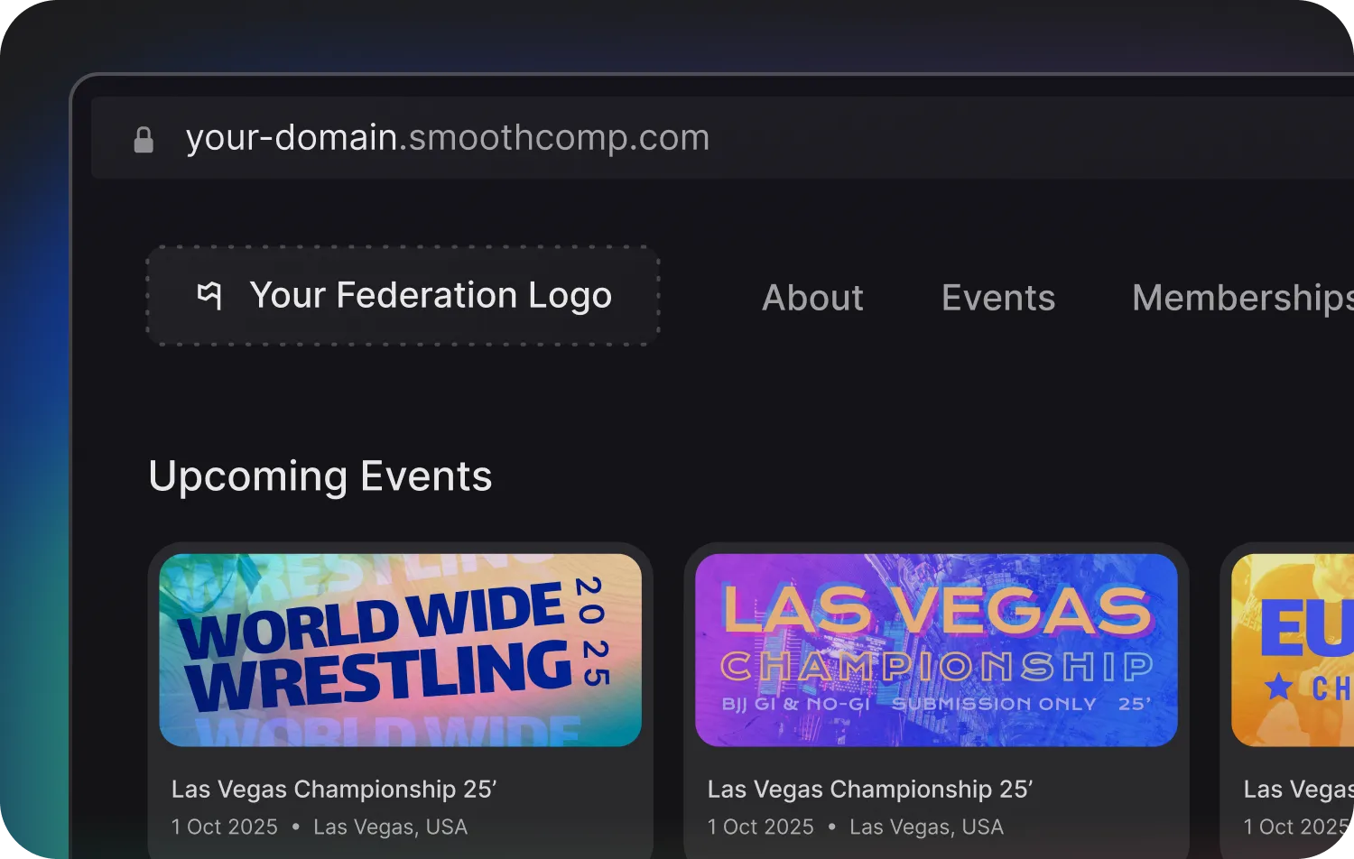 A federation website on its own smoothcomp.com subdomain listing upcoming events