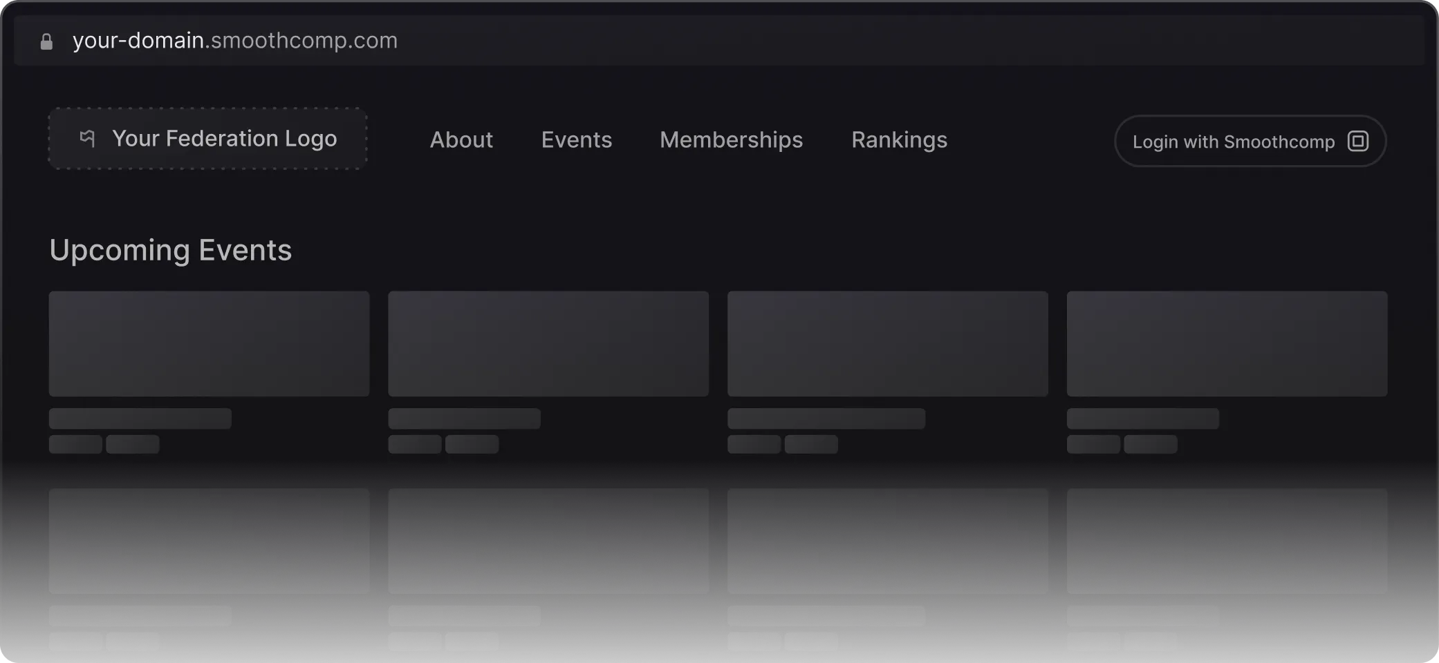 A federation website mock-up on your-domain.smoothcomp.com with events, memberships and rankings