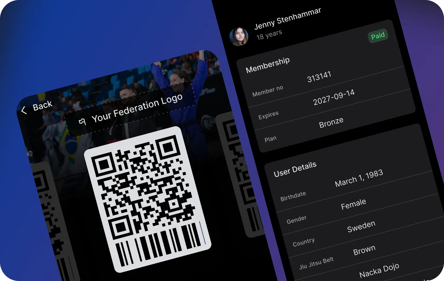 A digital membership card with QR code and member details