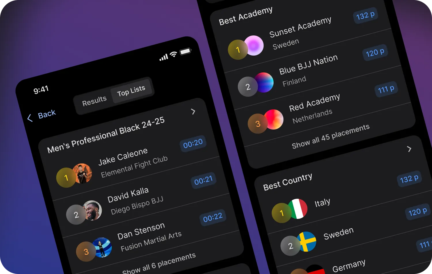 Ranking lists for best athletes, academies and countries in the app