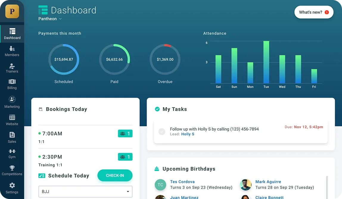 Gymdesk dashboard with payments, attendance, bookings and tasks