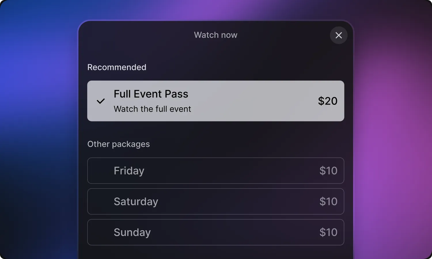 Watch now panel with a full event pass and single-day packages