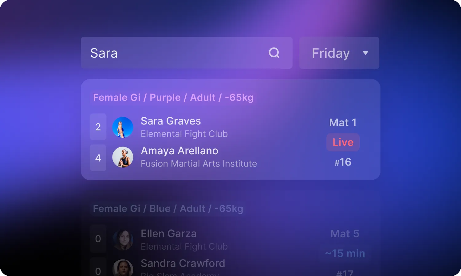 Match search filtered by name and day, showing a live match on mat 1