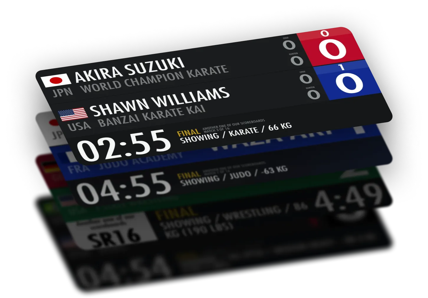 A stack of Smoothcomp scoreboards for karate, judo and wrestling matches